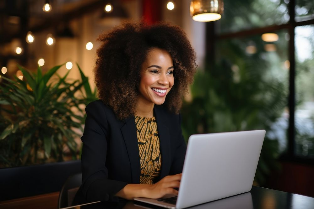 Happy Black woman computer laptop smile. AI generated Image by rawpixel.