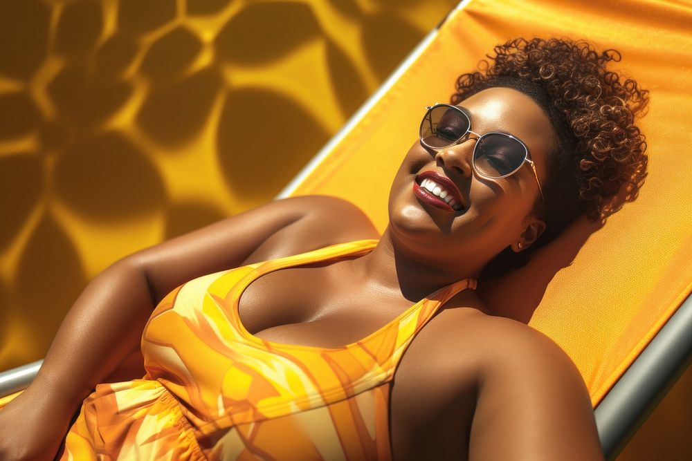 Happy fat black women sunbathing sunglasses portrait. AI generated Image by rawpixel.