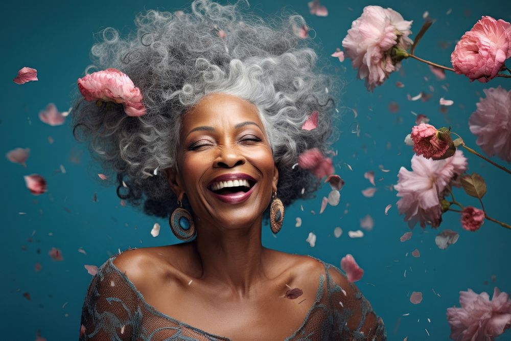 Happy retirement black women portrait laughing flower. AI generated Image by rawpixel.