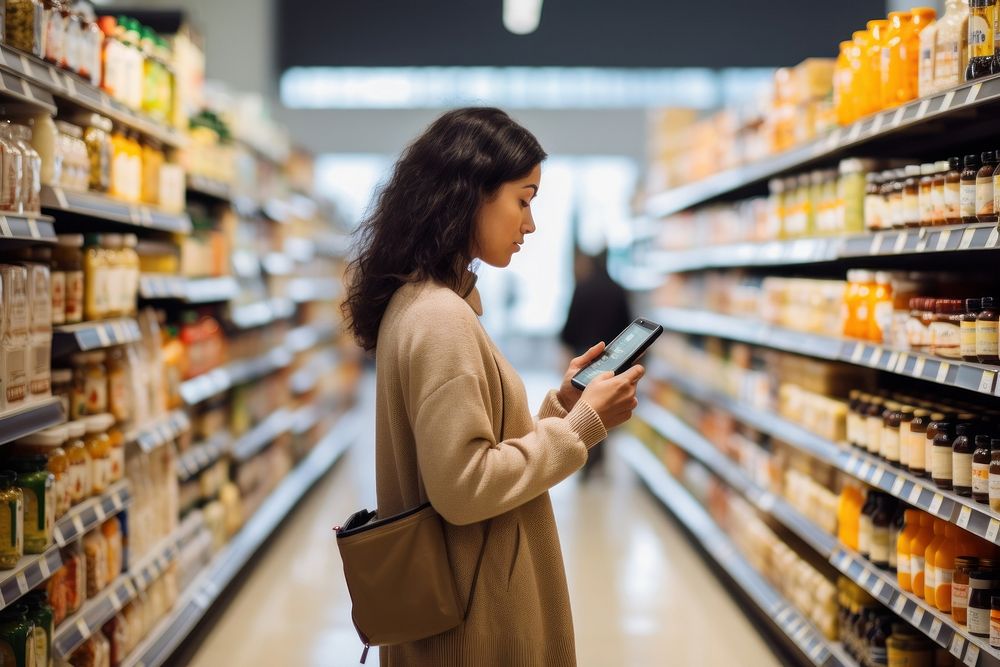 Woman comparing products supermarket store adult. AI generated Image by rawpixel.