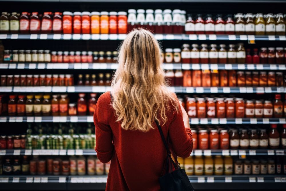 Woman comparing products supermarket shelf store. 