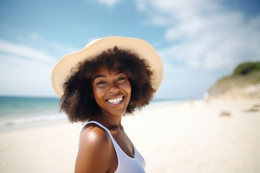 Happy Black woman portrait summer beach. AI generated Image by rawpixel.