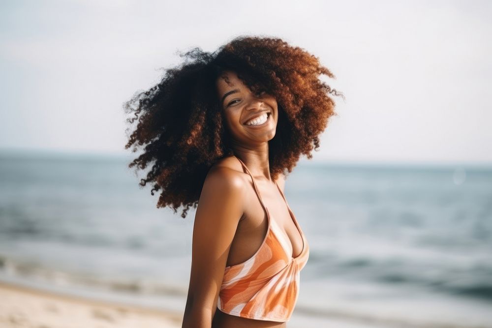 Happy Black woman summer beach smile. AI generated Image by rawpixel.