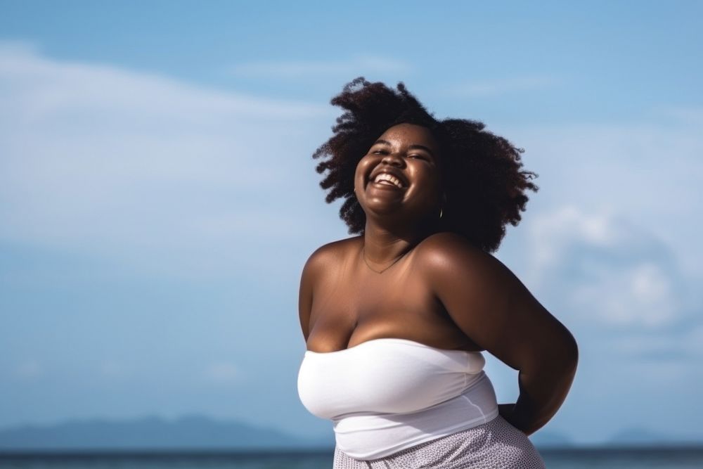 Happy fat Black woman summer beach adult. AI generated Image by rawpixel.