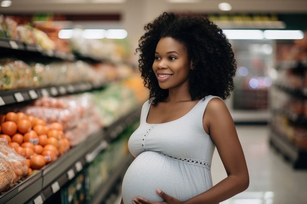 Black woman pregnant supermarket shopping adult. AI generated Image by rawpixel.