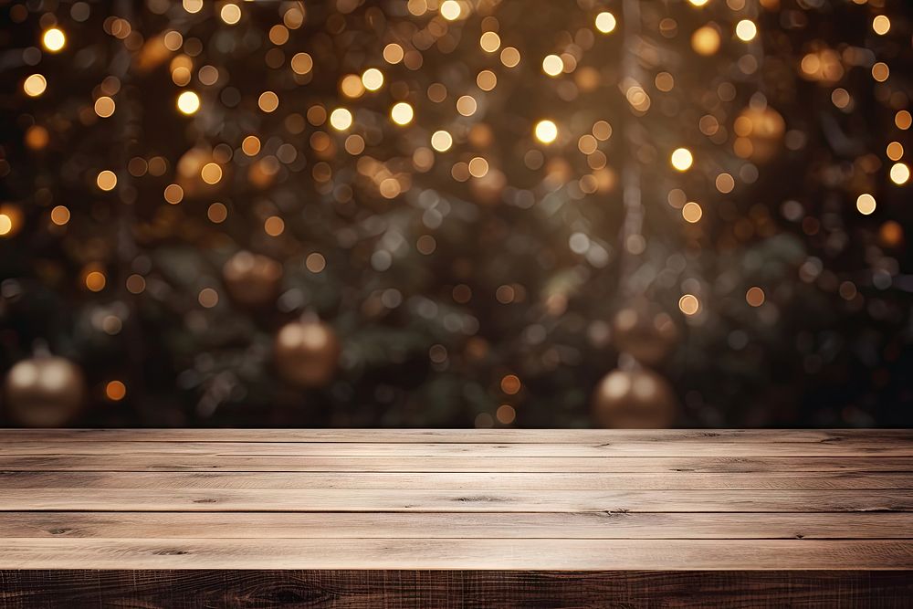 Empty wooden table christmas backgrounds illuminated. AI generated Image by rawpixel.