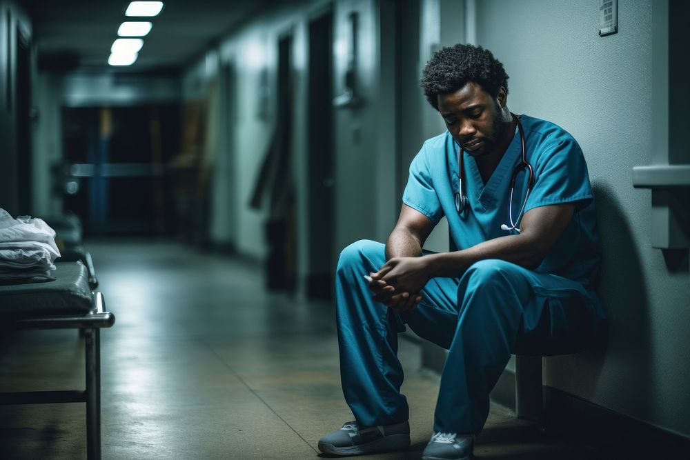 Young African American man doctor sitting hospital worried. AI generated Image by rawpixel.