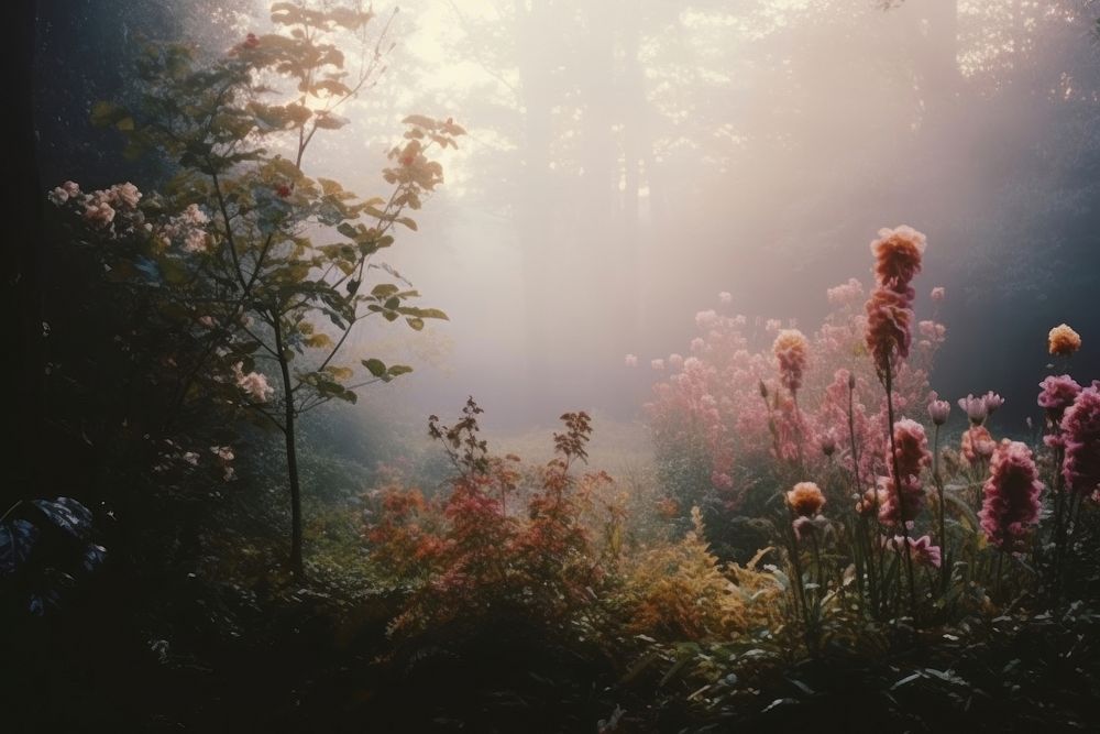 Flower garden nature landscape sunlight. AI generated Image by rawpixel.