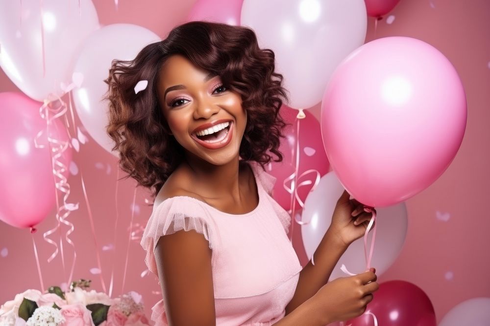 Happy africa woman wear pink dress celebration laughing balloon. AI generated Image by rawpixel.
