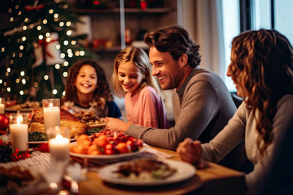 Happy family gathering food christmas candle. AI generated Image by rawpixel.