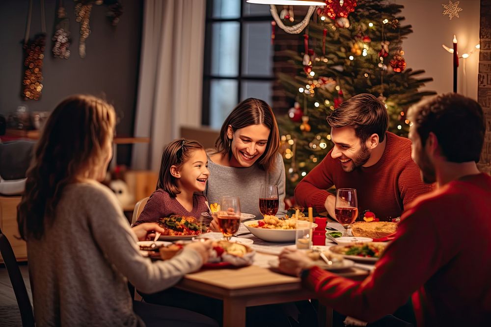 Happy family gathering food christmas dinner. AI generated Image by rawpixel.