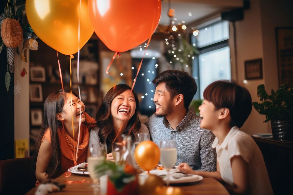 Happy family have dinner balloon party adult. AI generated Image by rawpixel.