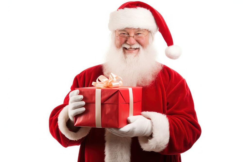 PNG Happy santa claus holding a gift christmas adult white background. AI generated Image by rawpixel.