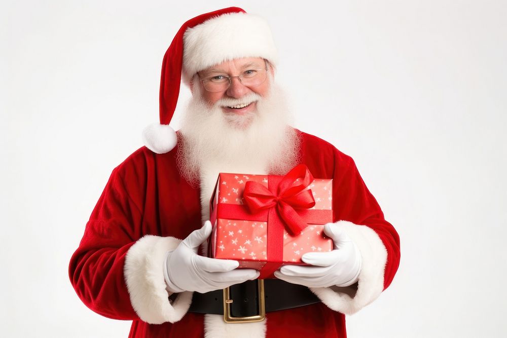 Happy santa claus holding a glitergift christmas adult white background. AI generated Image by rawpixel.