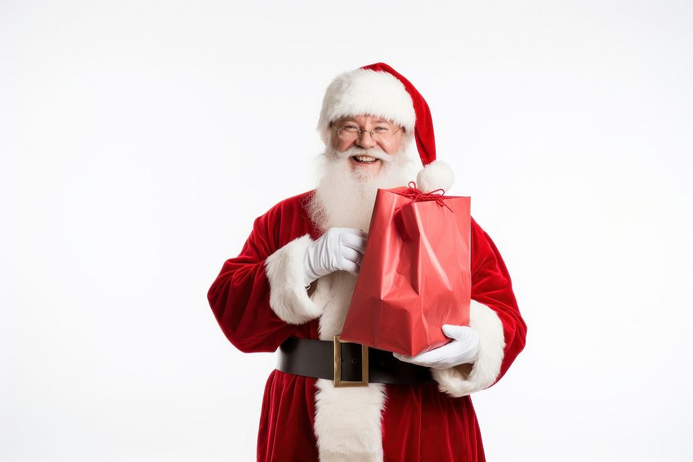 Happy santa claus holding a paper gift bag christmas adult white background. AI generated Image by rawpixel.