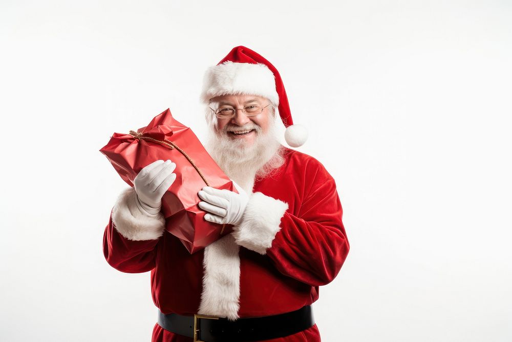 Happy santa claus holding a paper gift bag christmas adult white background. AI generated Image by rawpixel.