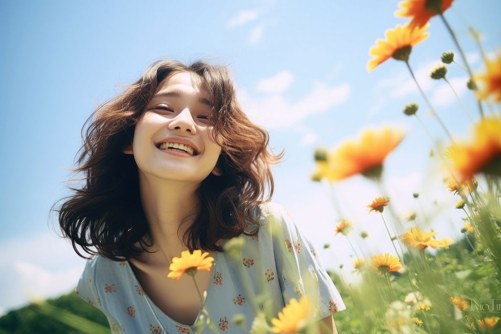 Japanese girl a happy and smiling Face flower laughing summer. AI generated Image by rawpixel.