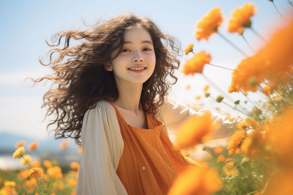 Japanese girl a happy and smiling Face flower portrait summer. AI generated Image by rawpixel.