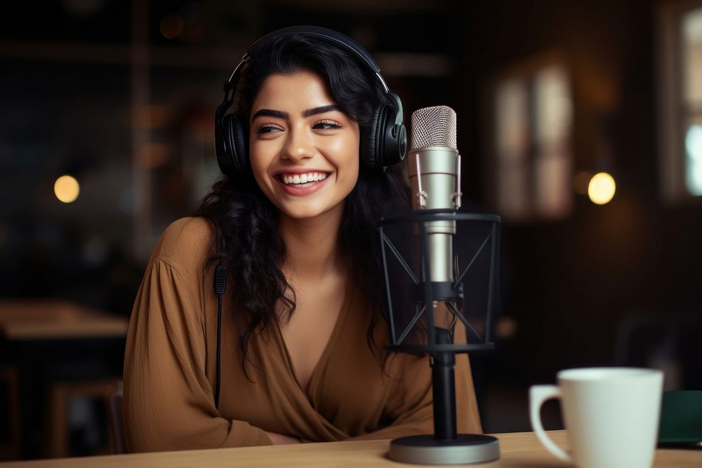 Woman recording podcast microphone smiling smile. AI generated Image by rawpixel.