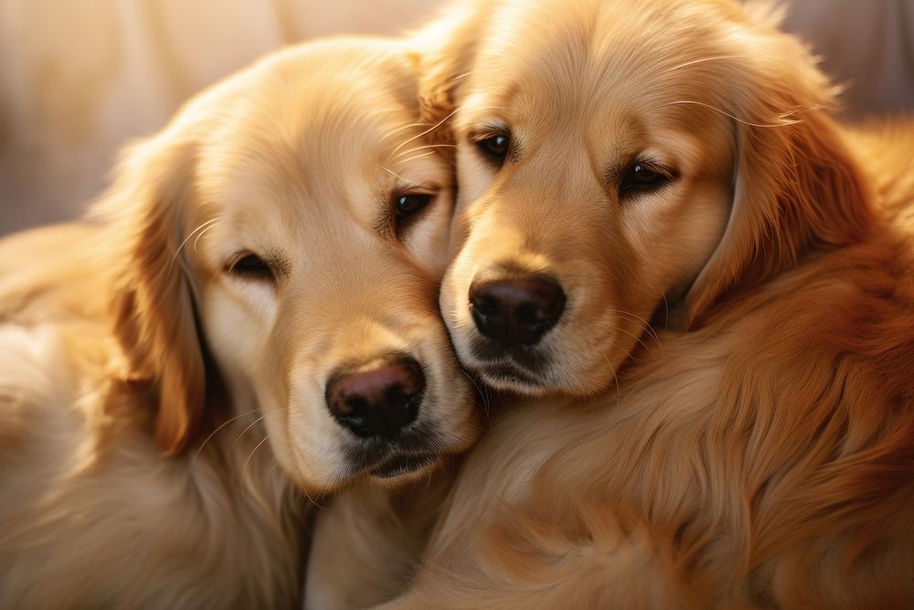 Golden retrievers cuddling animal mammal puppy. AI generated Image by rawpixel.