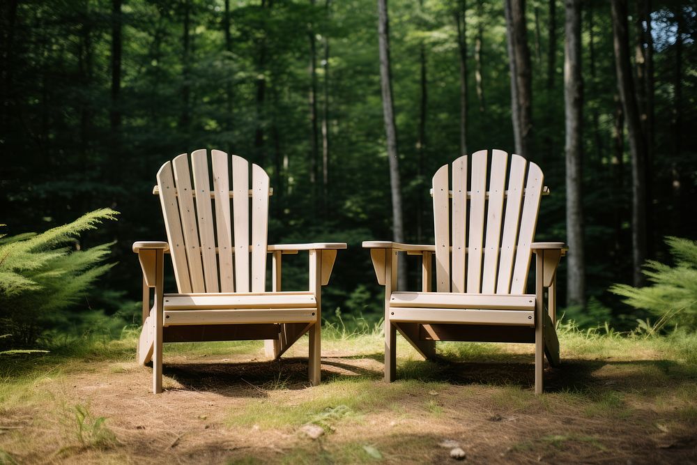 Adirondack chairs furniture outdoors woodland. AI generated Image by rawpixel.