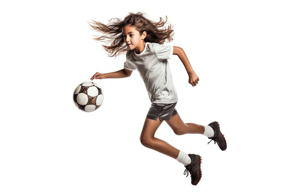 Young girl playing football kicking jumping sports. AI generated Image by rawpixel.