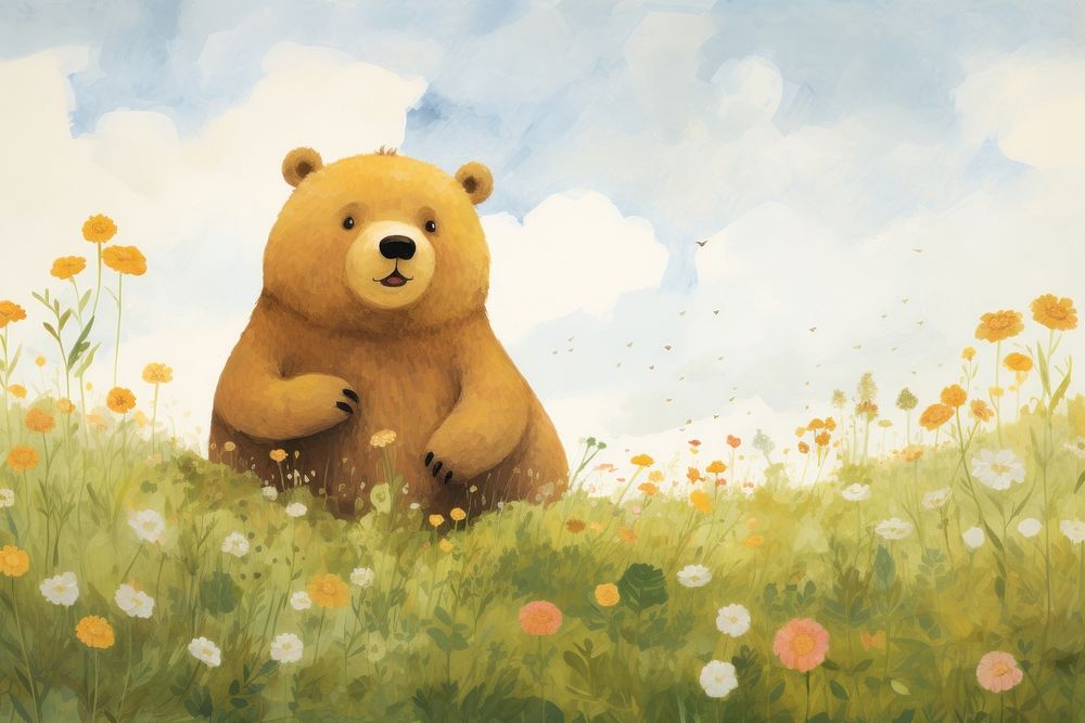 Chubby bear painting flower mammal. AI generated Image by rawpixel.
