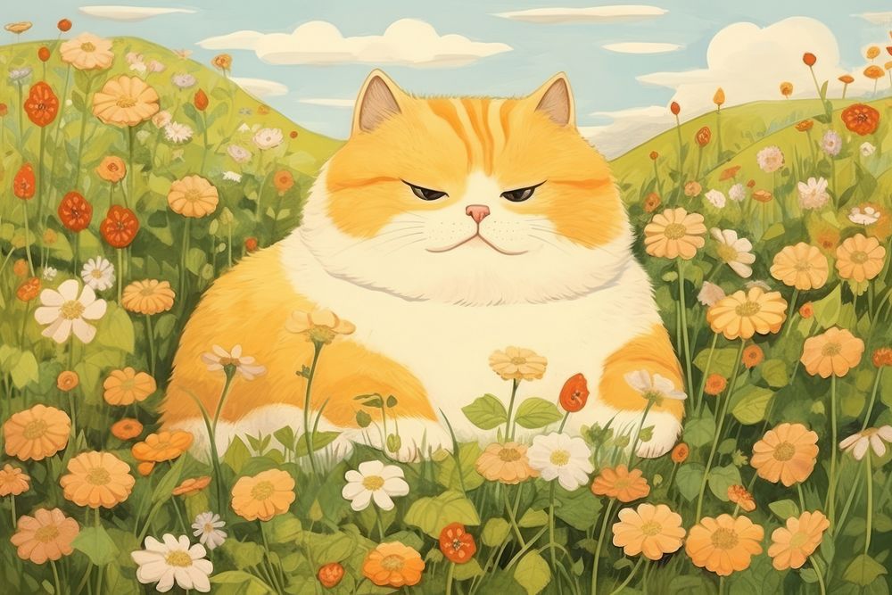 Chubby cat flower outdoors animal. AI generated Image by rawpixel.