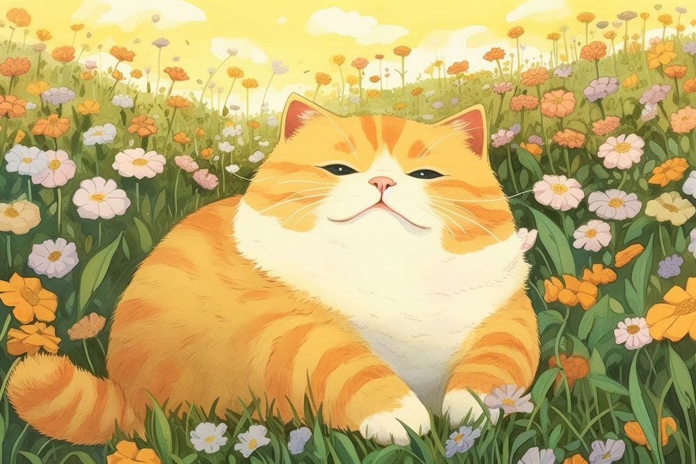 Chubby cat flower outdoors cartoon. AI generated Image by rawpixel.