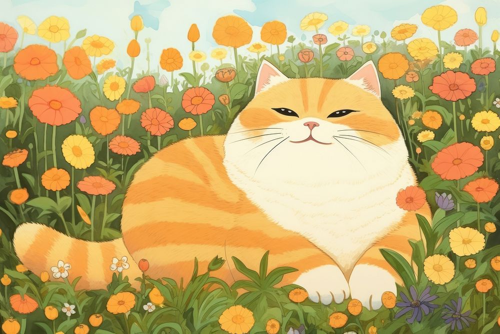 Chubby cat flower painting outdoors. AI generated Image by rawpixel.