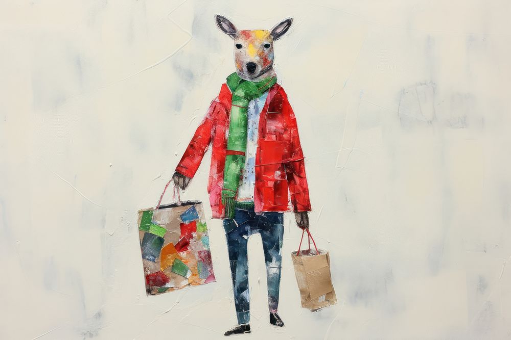 Rendeer wearing christmas scarf carrying shopping bag art drawing representation. AI generated Image by rawpixel.