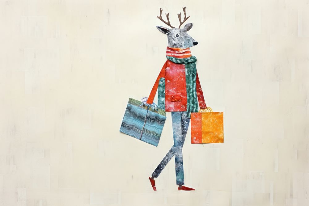 Rendeer wearing christmas scarf carrying shopping bags art drawing handbag. AI generated Image by rawpixel.