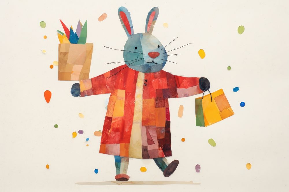 Happy rabbit wearing sweater carrying shopping bags art drawing paper. AI generated Image by rawpixel.