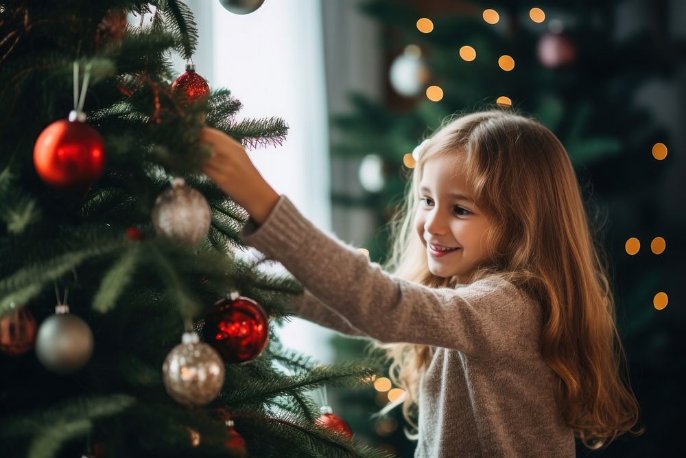 Christmas tree child girl anticipation. AI generated Image by rawpixel.