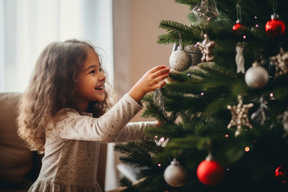 Christmas tree child girl anticipation. AI generated Image by rawpixel.