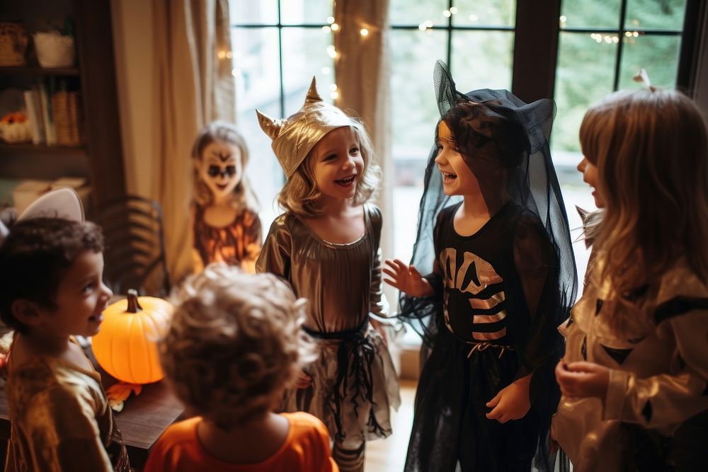 A group of children in halloween costumes adult jack-o'-lantern representation. AI generated Image by rawpixel.