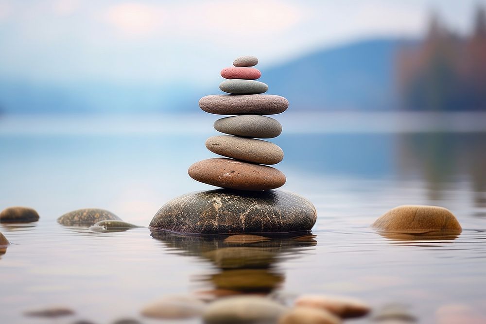 Balanced stone pebble sea tranquility. AI generated Image by rawpixel.
