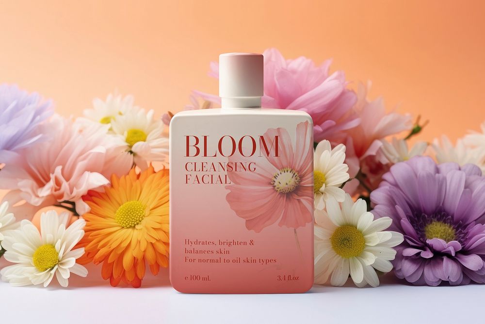 Floral cleansing bottle mockup, skincare packaging psd