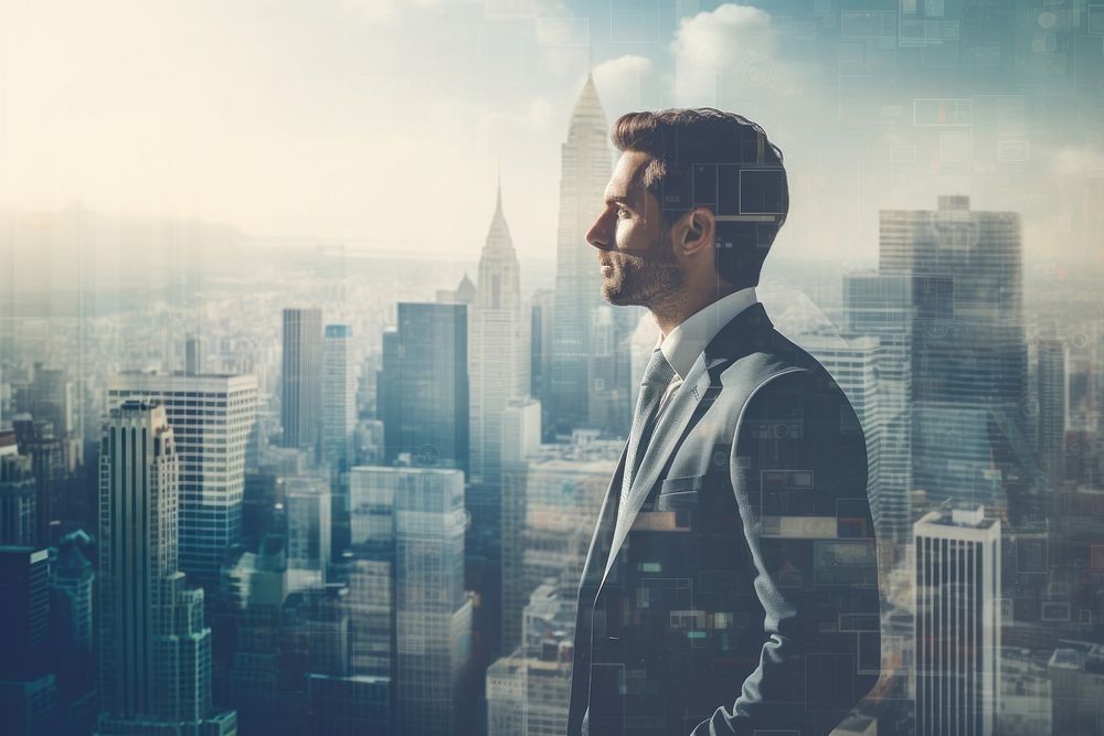 3 businessman talking and city skyline background architecture skyscraper cityscape. AI generated Image by rawpixel.
