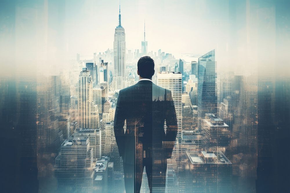 Businessman and city skyline architecture cityscape building. AI generated Image by rawpixel.