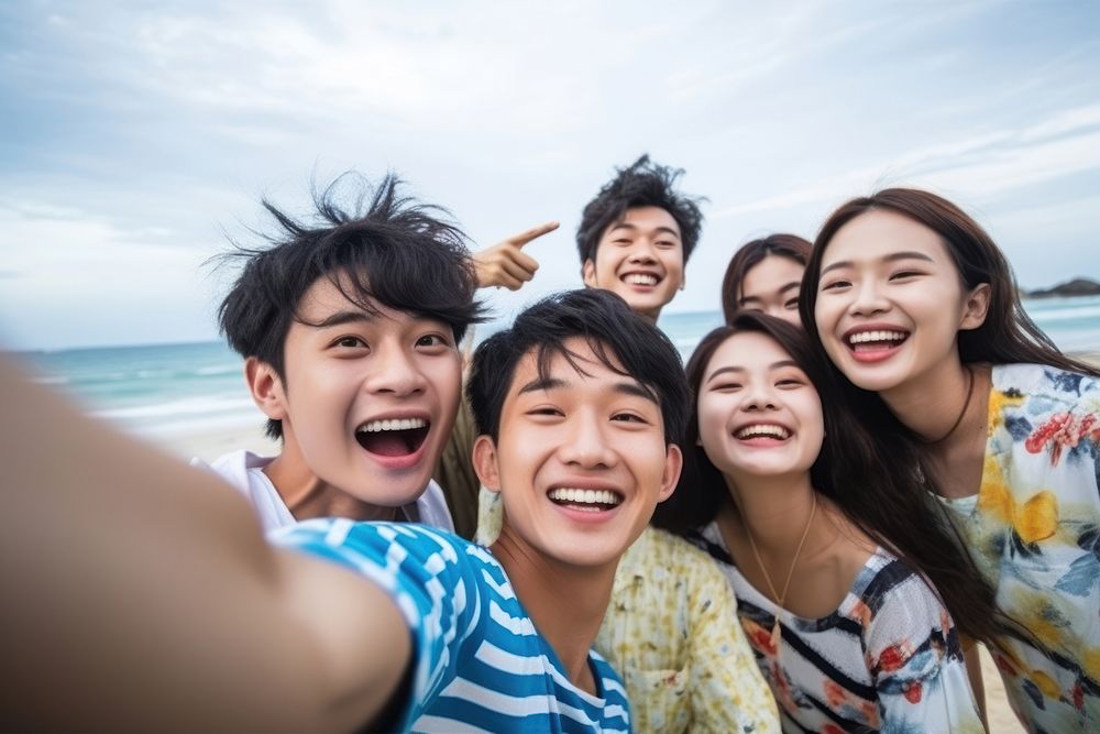 Selfie togetherness laughing beach. AI generated Image by rawpixel.