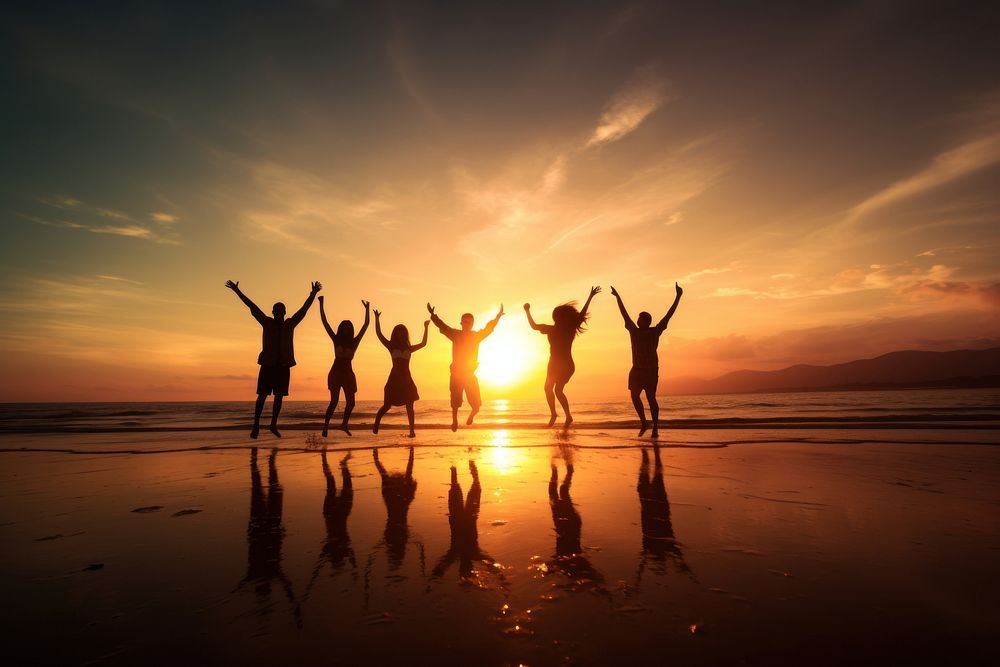 People holding hand jumping sunset beach outdoors. AI generated Image by rawpixel.