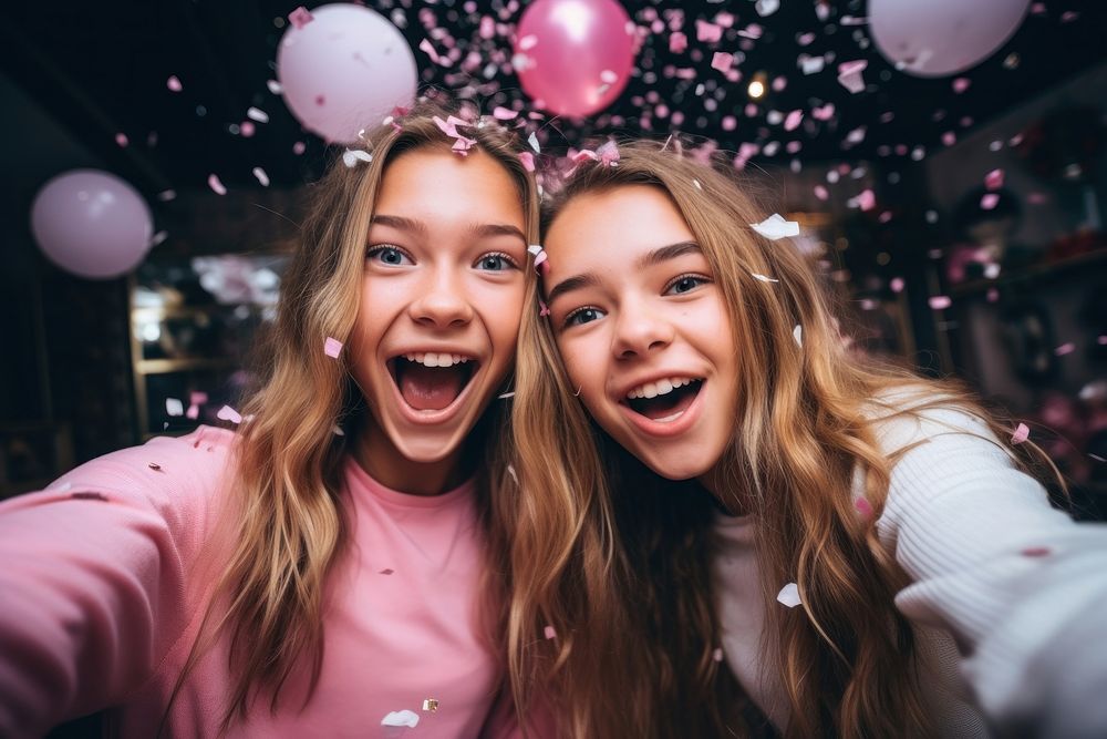 2 girls enjoying party laughing balloon selfie. AI generated Image by rawpixel.