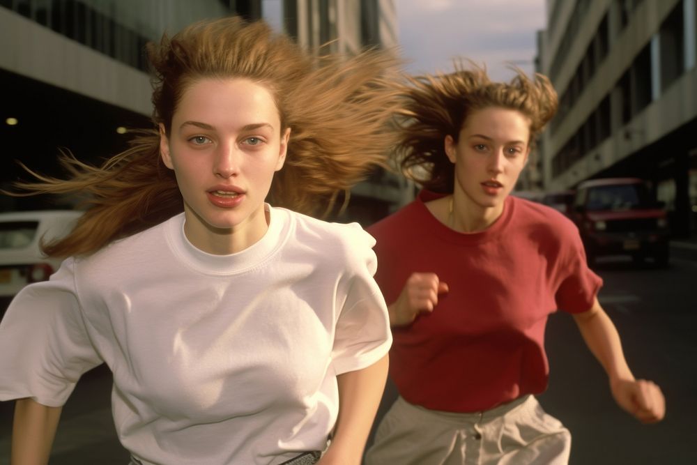 Two young girls running down a downtown street portrait photo togetherness. AI generated Image by rawpixel.