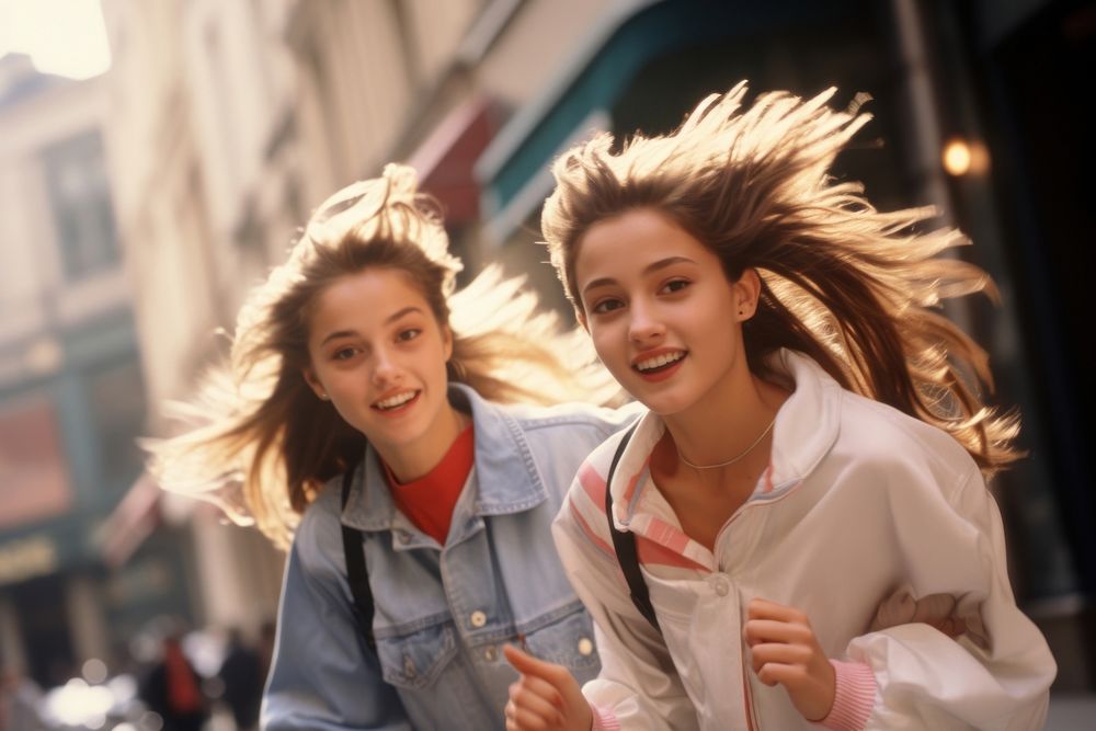 Two young girls running down a street adult togetherness architecture. AI generated Image by rawpixel.