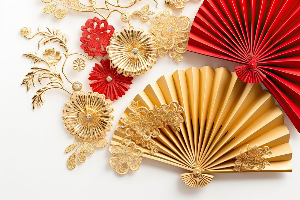 Paper fans chinese new year decoration gold backgrounds white background. AI generated Image by rawpixel.