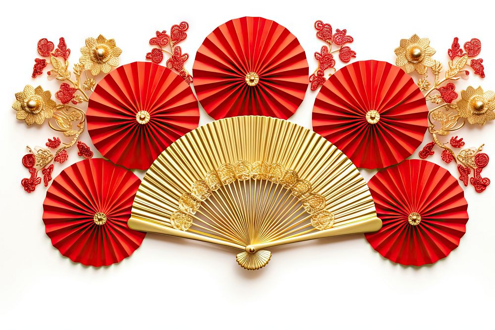 Paper fans chinese new year decoration gold white background celebration. AI generated Image by rawpixel.