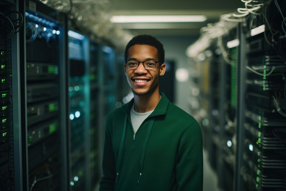 Smiling technician with laptop in server room computer glasses adult. AI generated Image by rawpixel.