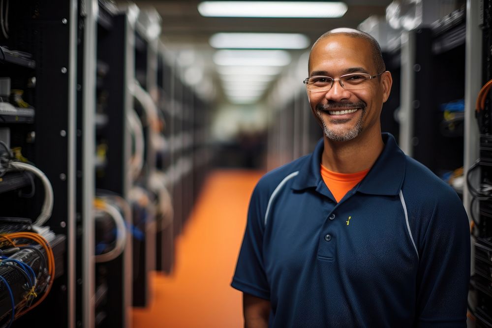 Technician with laptop in server room computer adult smile. AI generated Image by rawpixel.