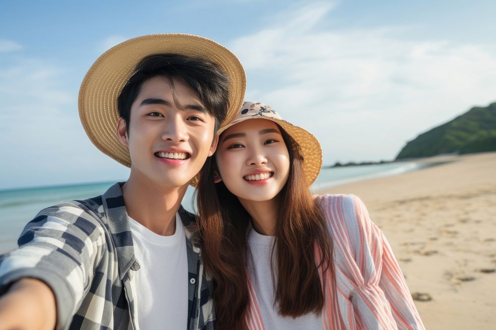 Asian teenager beach togetherness portrait. AI generated Image by rawpixel.
